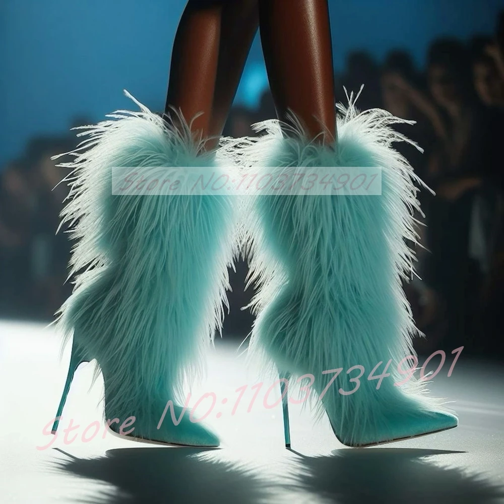 

Теплые женские сапоги до середины икры из искусственного меха, пикантные небесно-голубые ботинки на шпильке с перьями, вечерние ботинки с острым носком, модная роскошная подиумная обувь