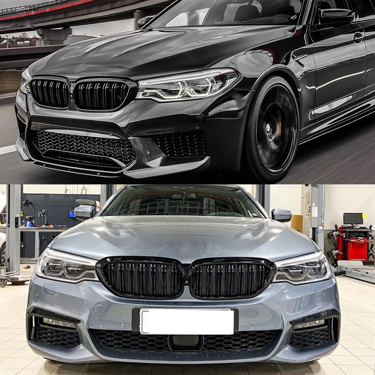شوايات سباق بخطوط مزدوجة سوداء لامعة متوافقة مع BMW 5 Series G30 G31 530i 540i 2017-2020 شبكة الكلى الأمامية ما بعد البيع #2