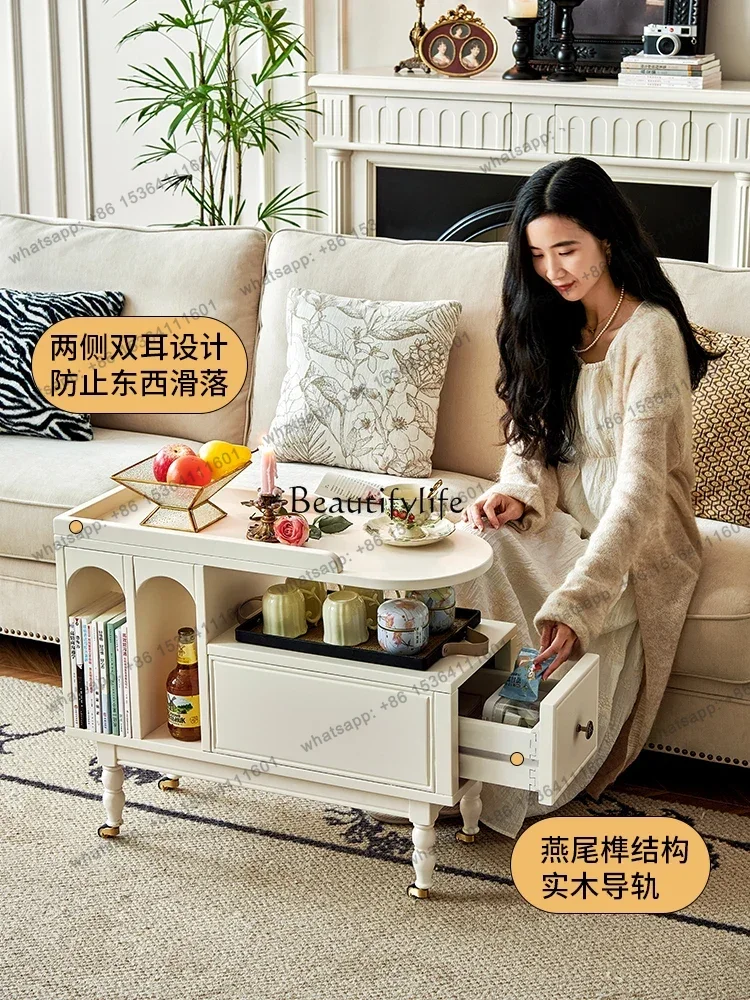 Best Seller Cream Wind Sofa Removable Side Table Small Coffee Table Side Cabinet Living Room Trolley Solid Wood
