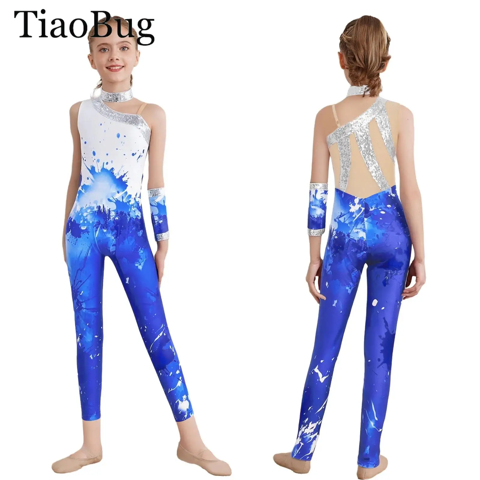 Meninas um ombro mangas ballet dança collant brilhante lantejoulas bodysuit completo + luva patinação artística ginástica macacão treino