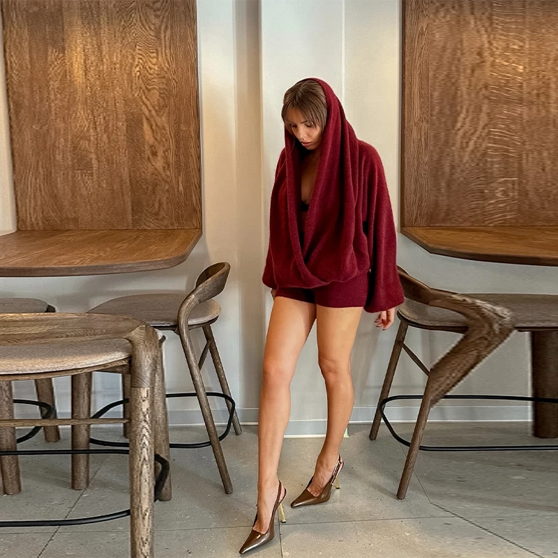 Sexy Gebreide Shorts Set Vrouwen Diepe V-hals Oversize Losse Hoodie Tops Mini Korte Broek Past 2025, Nieuwe Mode Dame Tweedelige Sets