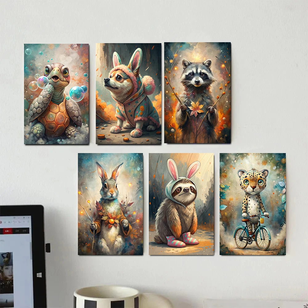 Cute Turtle with Bubbles Posters Animals Autumnal Rabbit Floral Leopard Prints Canvas Painting Wall Art Pictures Home Room Decor