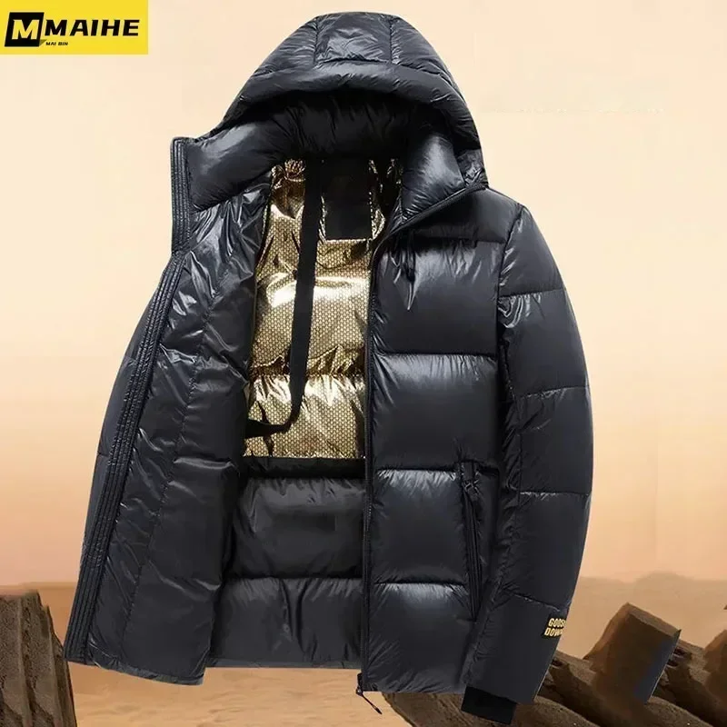 White Duck Plush Thicken Down Coats Men 2024 Winter Black Long Hooded Casual Outerwear Fashion Cardigan Warm Male Jacket