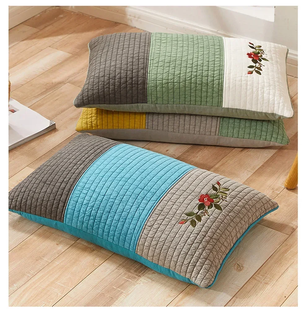 Korean Buckwheat Pillow For Adults Enlarged Hard Pillow Core Sand Washed Cotton Cervical Pillow Single Embroidered Square