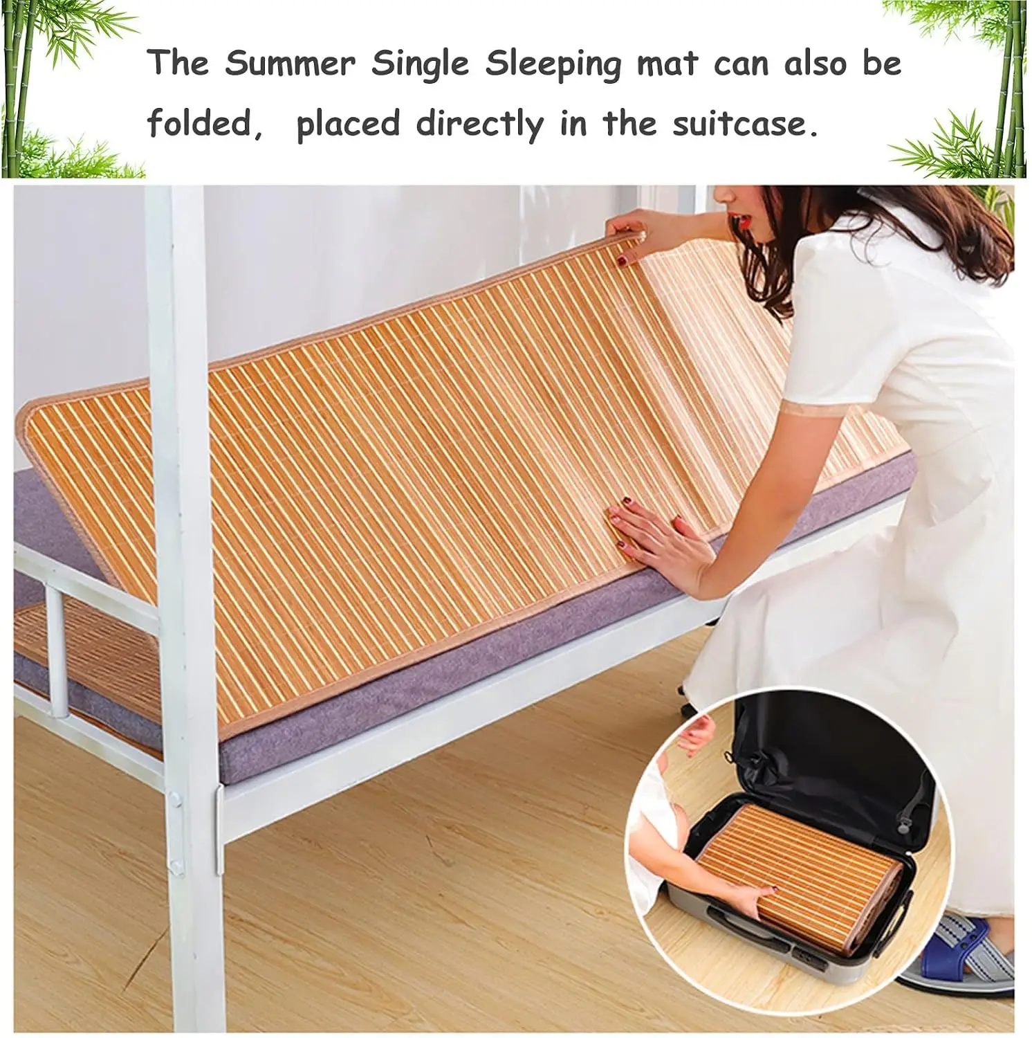 Summer Bamboo Sleeping Mat, Foldable Double Sided for Bed, Mattress Topper Twin Queen Cool for Living Bedroom Floor