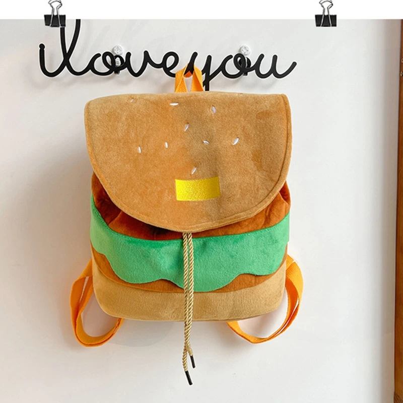 Cartoon Hamburger Backpack for Girl Women Student School Bag Drawstring Backpack