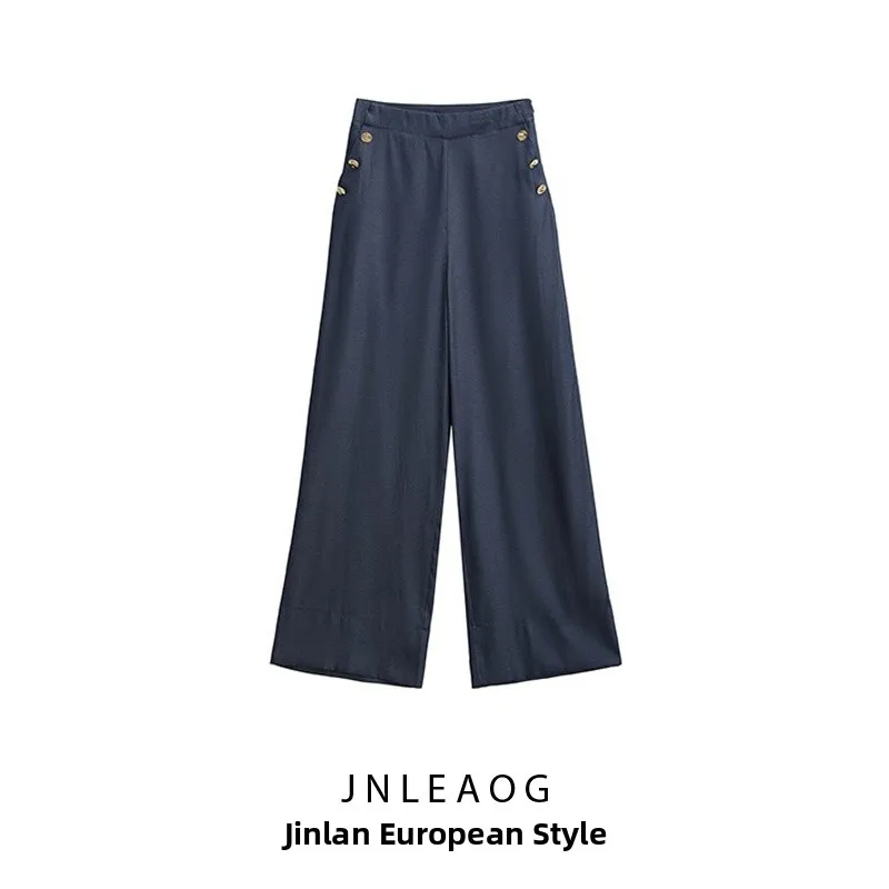 

Женские повседневные брюки с высокой талией на пуговицах, широкие штанины, модный дизайн, новинка весны, свободный крой, полиэстер