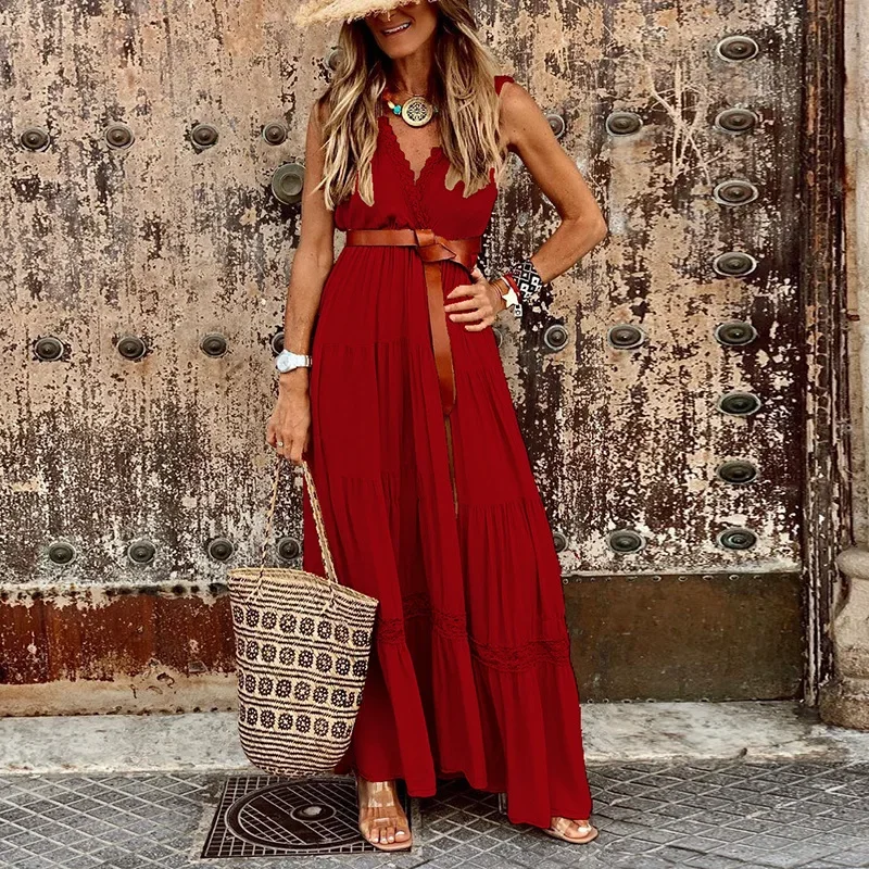 High Waist Sleeveless V-neck A-line Long Dress Summer Dress for Women Loose Casual Bare Shoulder Sexy Dresses Vestidos Street