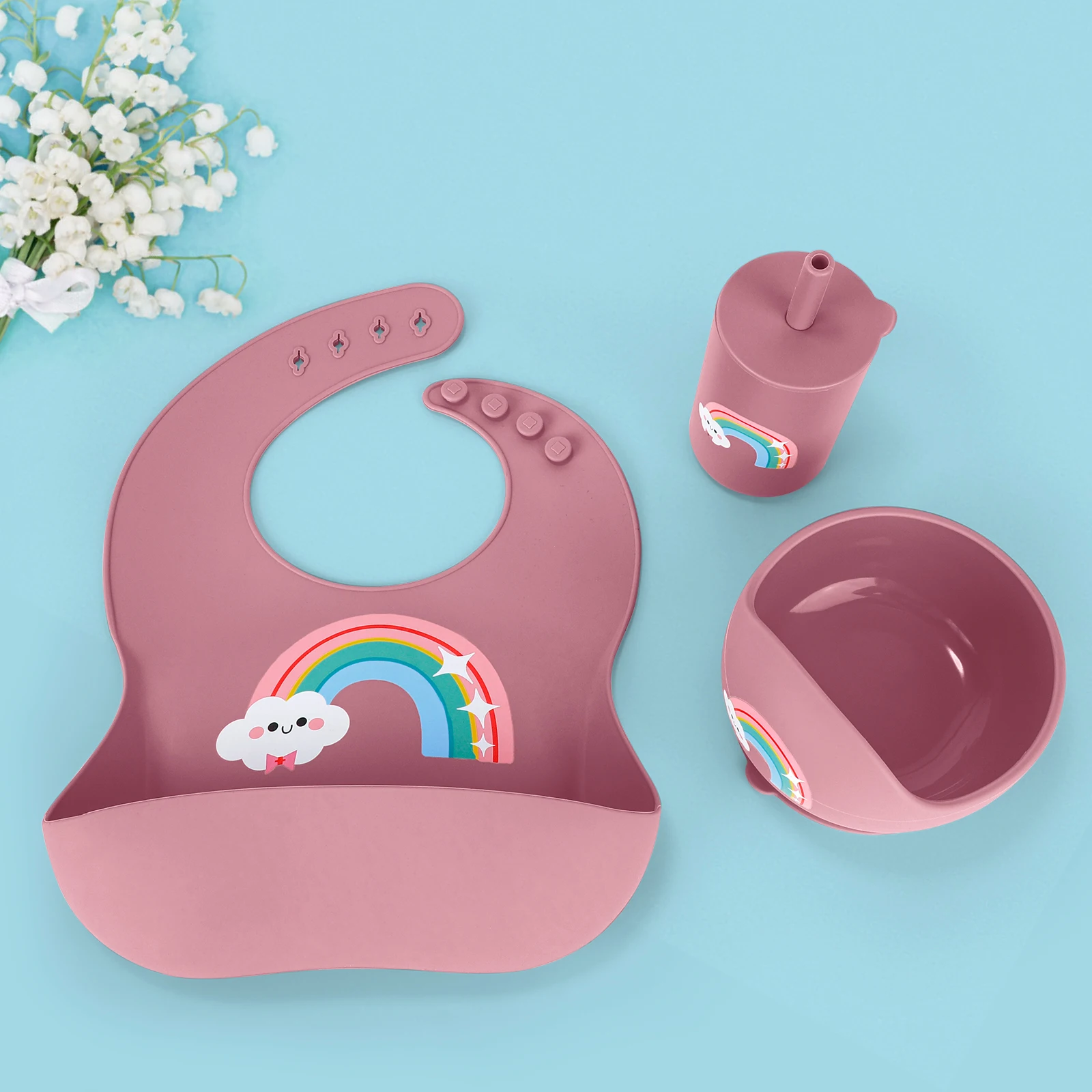 Ensemble d'alimentation en Silicone imprimé pour bébé, complément alimentaire, vaisselle et bols avec ventouses, bavoir de poche, gobelet couvert, 3 pièces