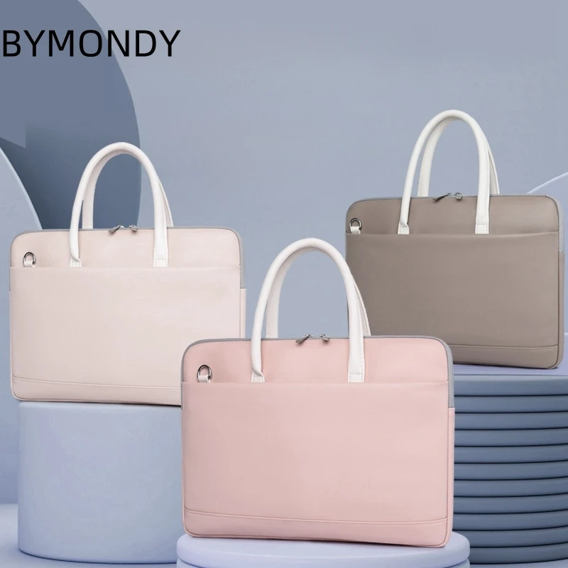 BYMONDY-maletín de negocios para mujer, de piel sintética bolso de hombro, color rosa, Morado, Beige y gris, resistente al agua, fino, para trabajo y oficina