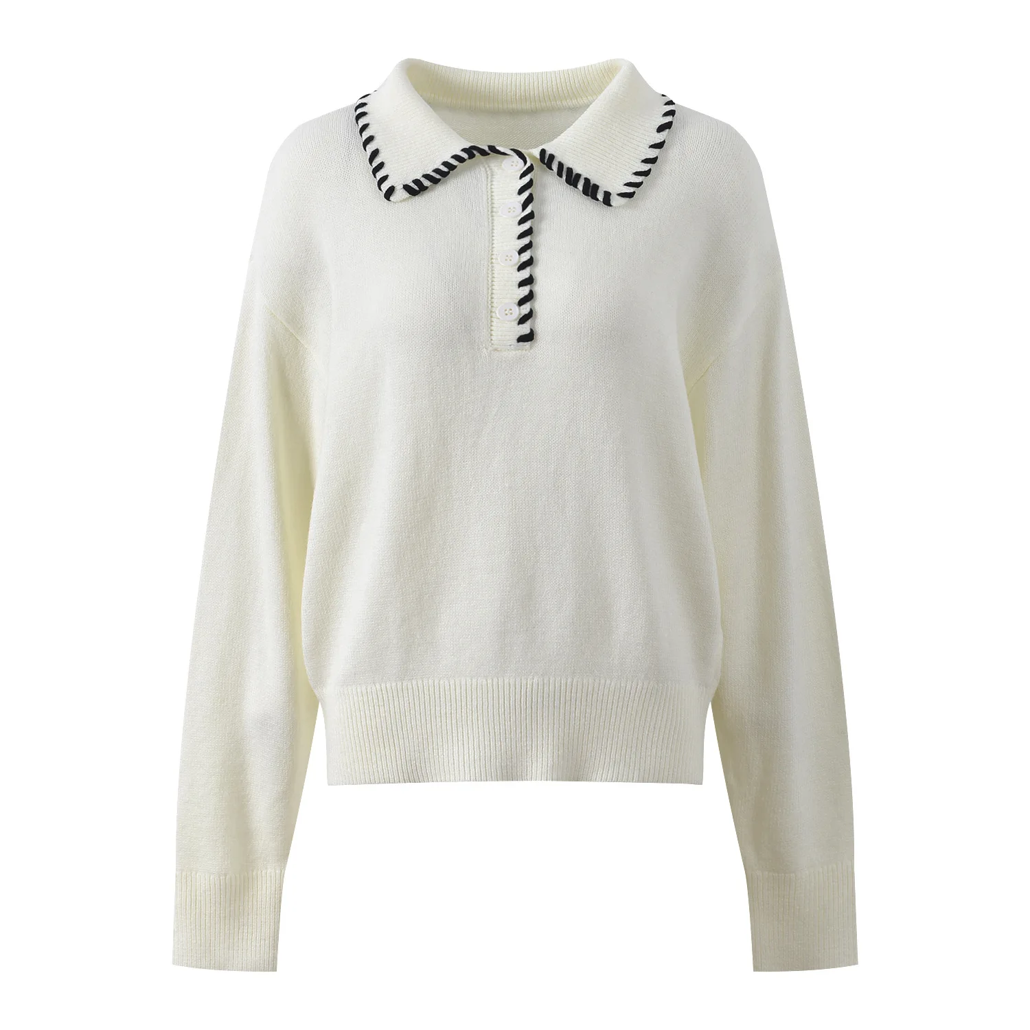High-End Version European Sle Casual Long Sve Knitted irt Collar Women's Autumn Winter White Stitching Design Faion