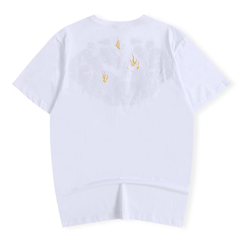 Back Embroidery Chinese Dragon T-Shirt Summer Short Sleeve Tops Tees Men Hip Hop Streetwear Harajuku Black White Cotton Tshirts