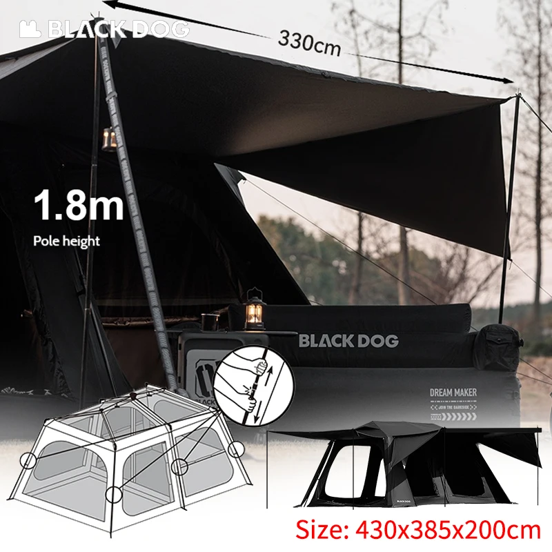 BLACKDOG 2Bedroom 3Living Rooms Automatic Quick-opening Ridge Tent Black Vinyl Coating Sunscreen Waterproof for Outdoor Camping