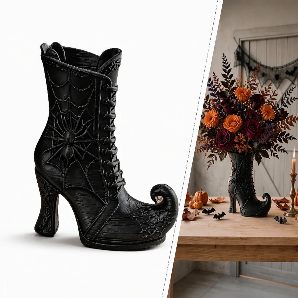 Halloween Witch Boots Mini Vase 3D Printing, Gothic Style Witch Boots Desktop Decoration Ornament, Holiday Gift Pen Holder