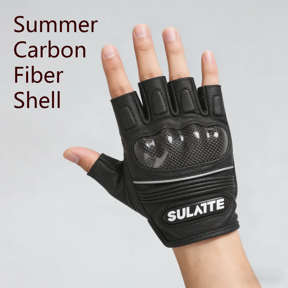 

Men Summer Goatskin Motorcycle Riding Gloves Fingerless Items Breathable Carbon Fiber Shell Touchscreen Racing Protection Glove