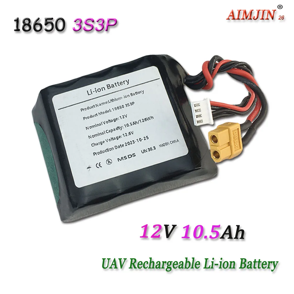 

3S3P 12V 10.5Ah 12.6V High Capacity UAV Rechargeable Li-ion Battery For Various RC Airplane Quadrotor XH2.54-4P XT60