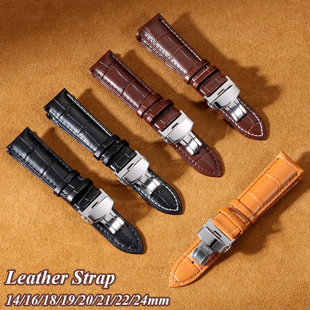 Genuine Calfskin Leather Watch Band Strap Butterfly Buckle Bracelet 16 18 19 20 21 22 24mm Business Black Brown Stitching Strap