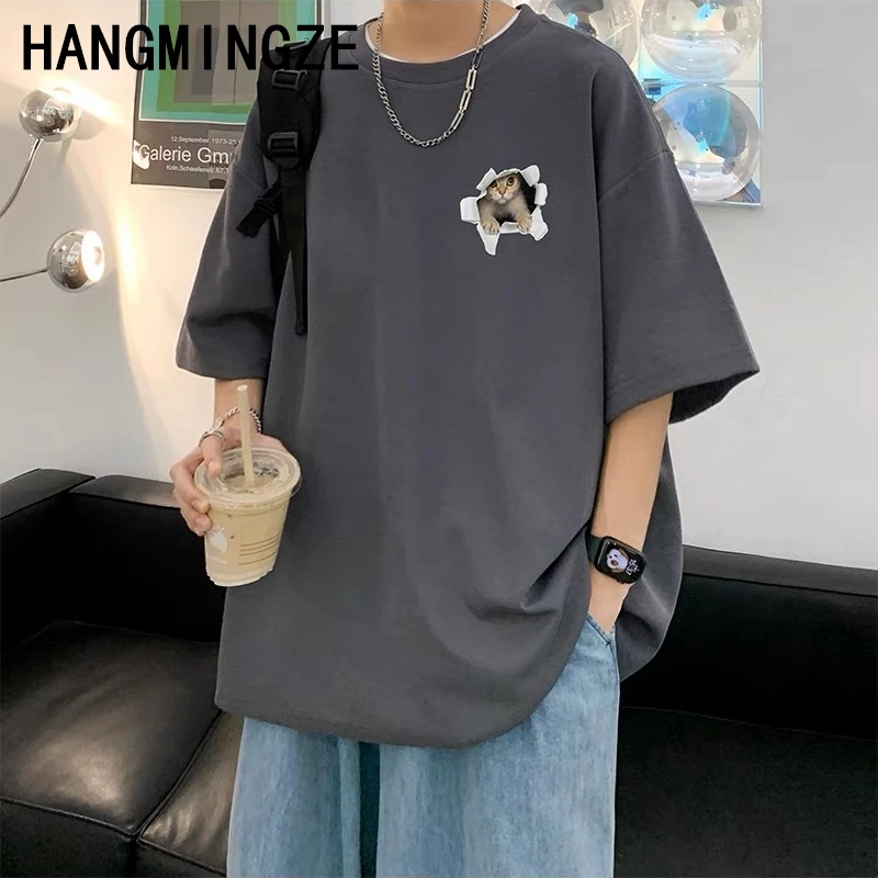 2024 Summer New Funny Cat Print T-shirt Men Women Loose Hip Hop Tops Tees Short Sleeve Cotton Oversized High Street T Shirts Men