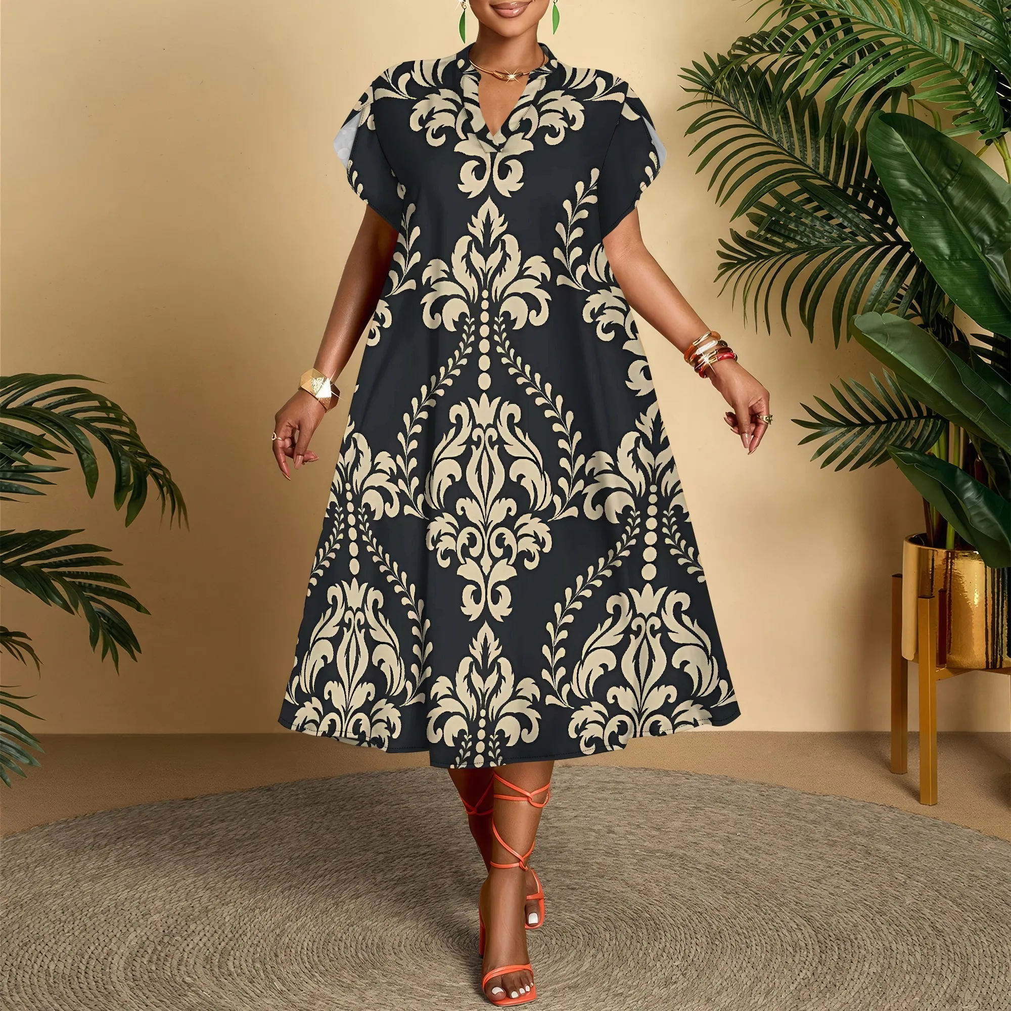 

Nupusa Damask Print Dress for Women Regular Size Summer Casual V Neck Short Sleeve Midi Dress