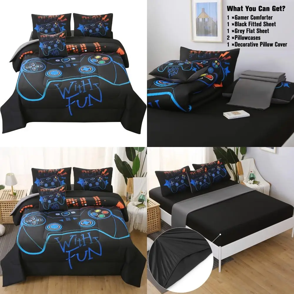 أطقم لحاف ألعاب كاملة من JQinHome للأولاد، سرير مكون من 6 قطع في حقيبة ألعاب فيديو ثلاثية الأبعاد - سرير ألعاب من الألياف الدقيقة الناعمة لجميع المواسم