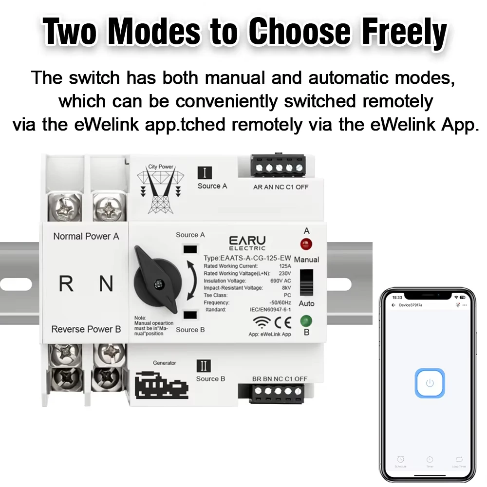 eWeLink WiFi Smart Remote Control 2P 125A AC 230V ATS Dual Power Automatic Transfer Electrical Selector Switch Uninterrupted