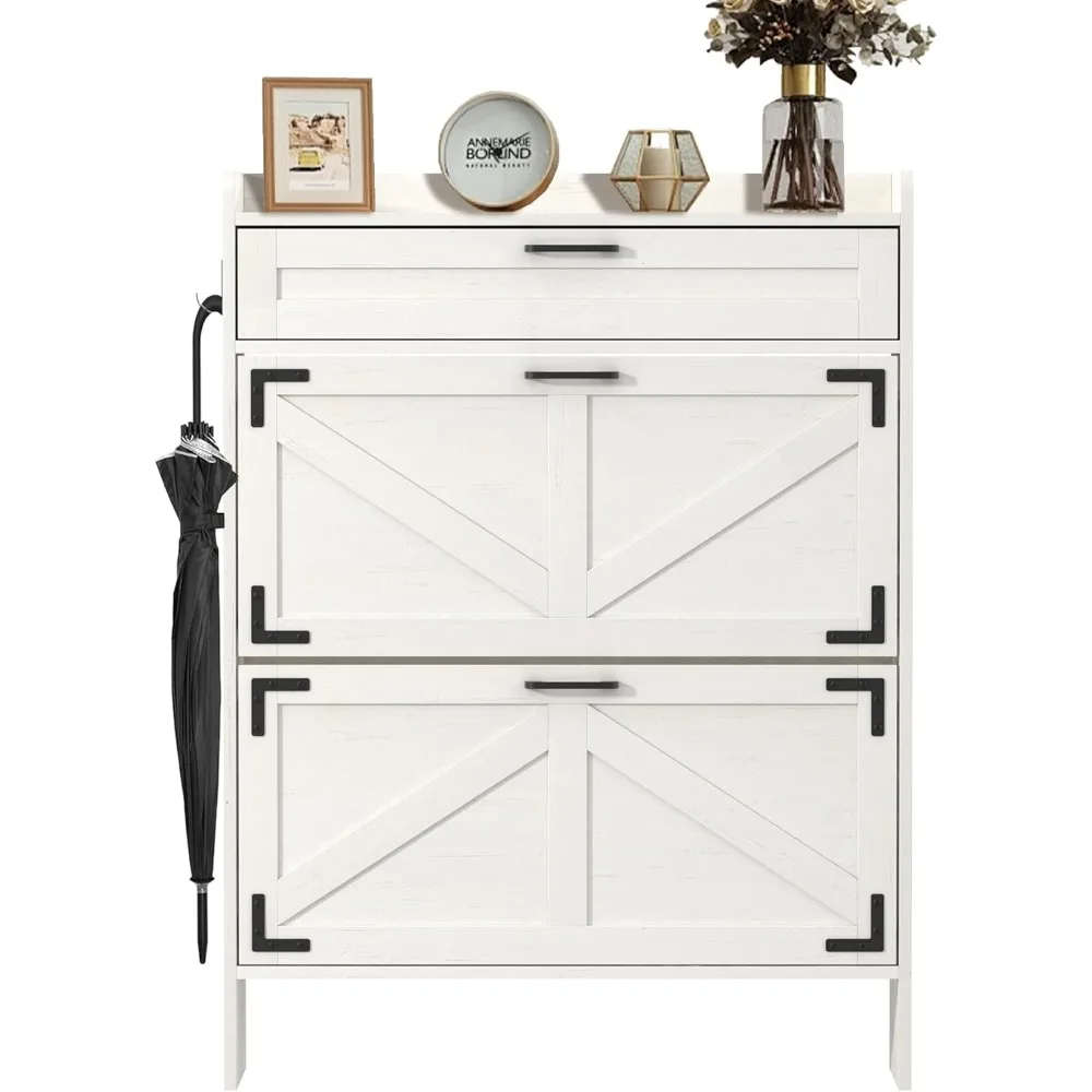 

Shoe Storage Cabinet for Entryway with 2 Flip Drawers, Hidden Shoe Cabinet Storage with Shelf & Hooks, Freestanding Shoe