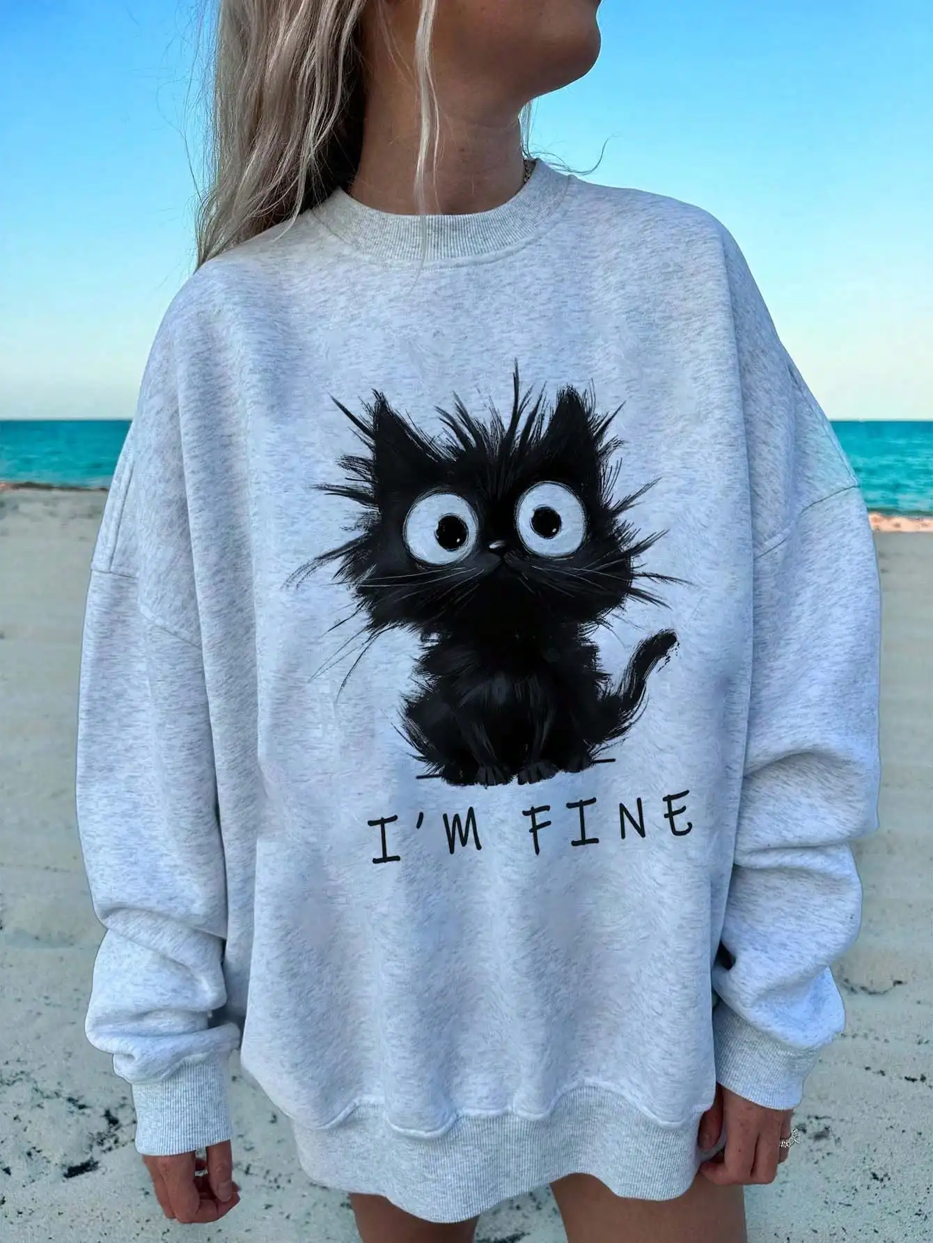 

Женская толстовка свободного кроя с графическим принтом «Кот», осенне-зимняя повседневная толстовка с круглым вырезом