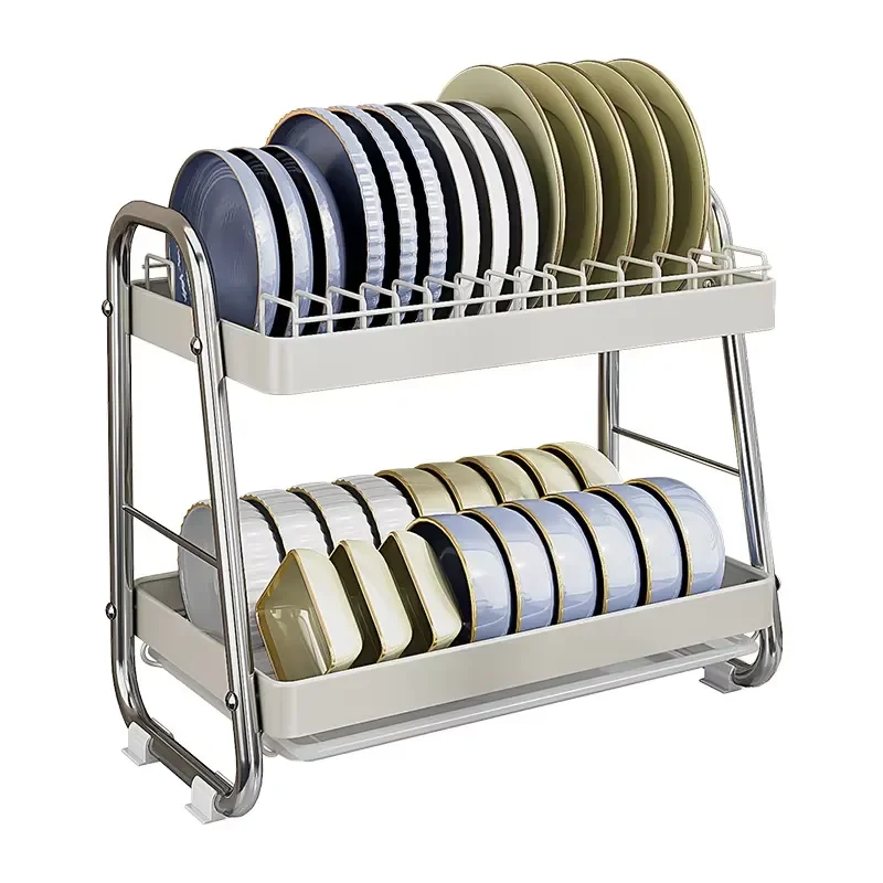 2 Layer Metal Plate Dry Storage Rack with Drain Plate Modern Rust Proof Kitchen Cabinet Countertop Organizer Double Layer