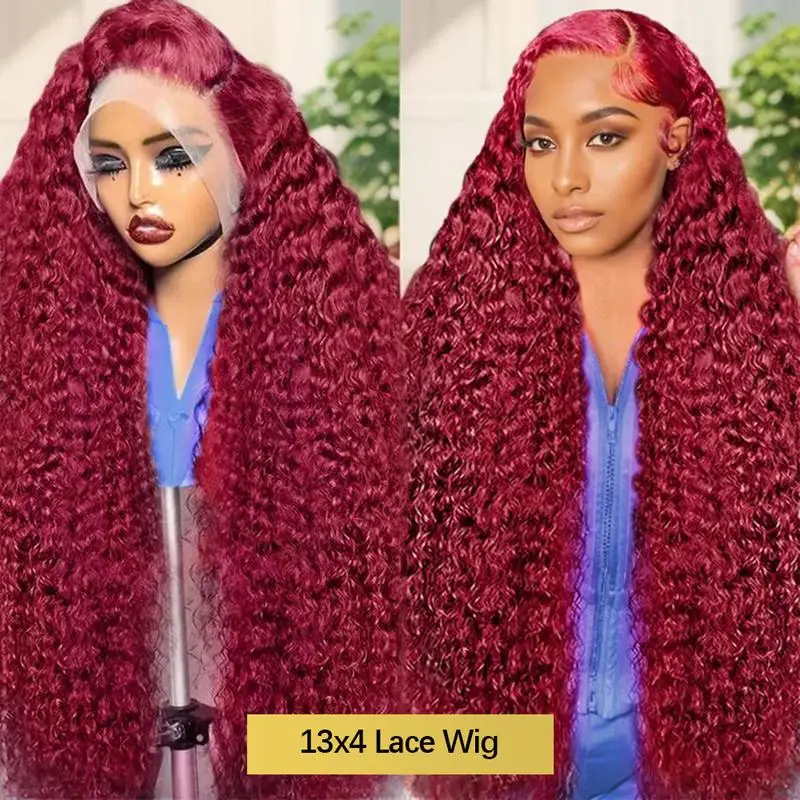 99j Deep Wave Lace Front Hair Wigs 250% 13x6 HD Lace Frontal Human Hair Wigs Burgundy Red Lace Wigs Pre Plucked Natural Hairline view 3