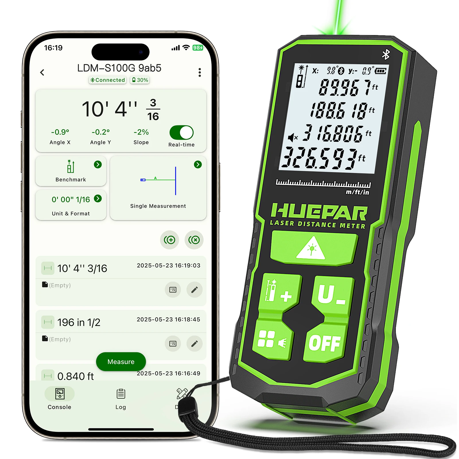 

Лазерный дальномер Huepar 100 м с Bluetooth, зеленый луч, измерительный инструмент с датчиком угла