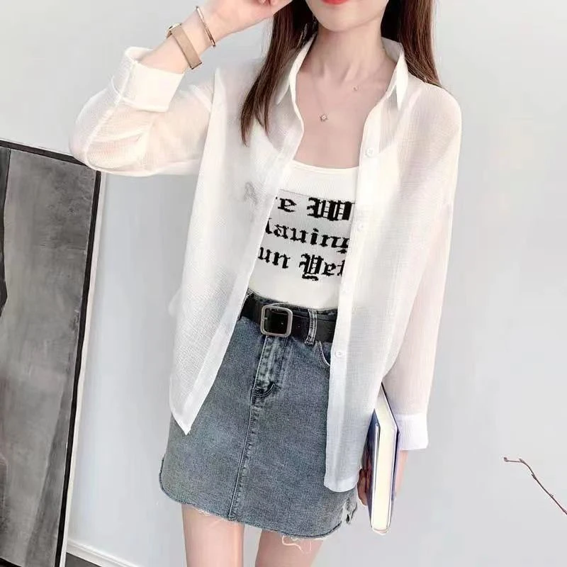 White Chiffon Sun Proof Blouse Women Fashion Loose Long Sleeve Casual Thin Shirt Simple Solid Summer All Match Elegant Tops