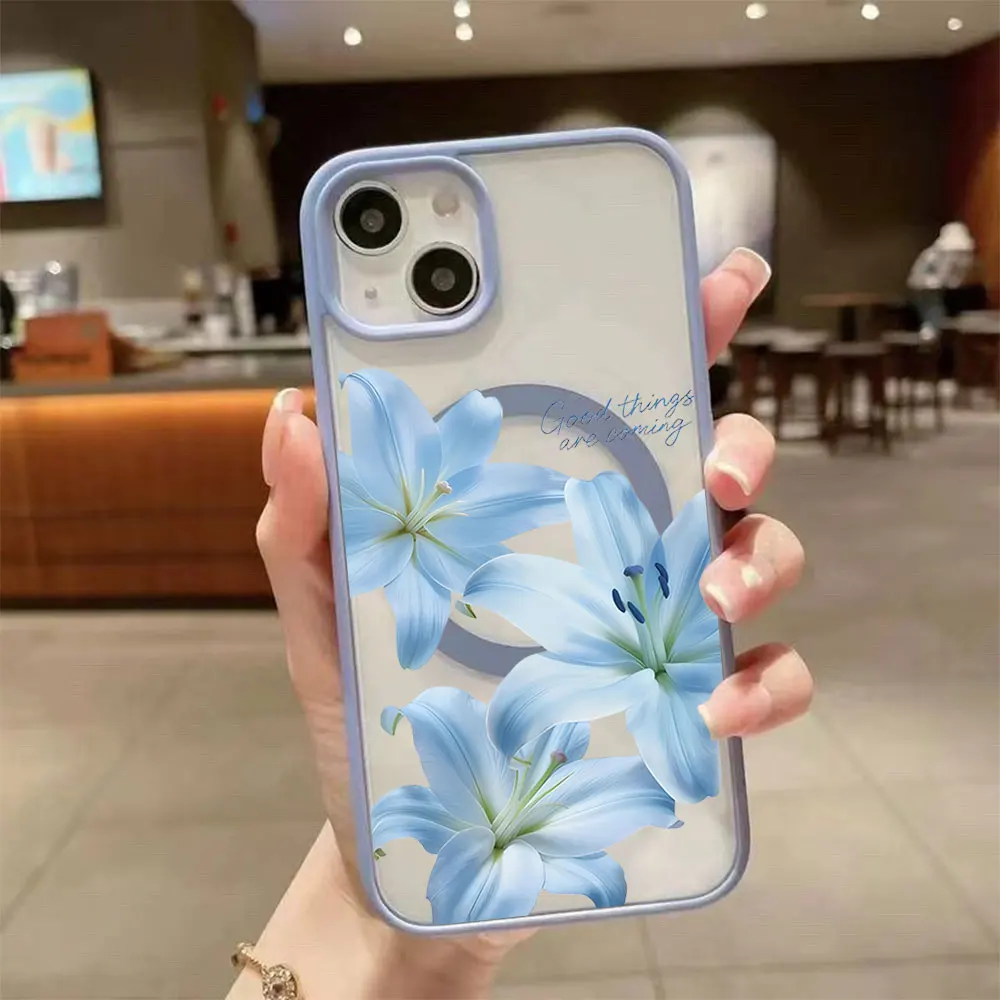 Blue Lily Flower Magnetic Phone Case For iPhone 17 16 15 14 12 11 Pro Xs Max Plus Mini XR Air 17e 16e Frosted Magsafe Hard Cover