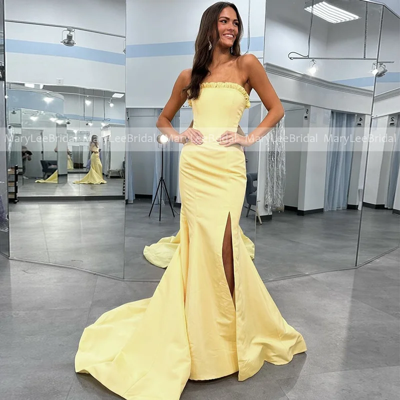 

Strapless Yellow Bridesmaid Dresses with Ruffles MaryLeeBridal Long Mermaid Satin High Slit Bride Party Dress Maid of Honor Gown