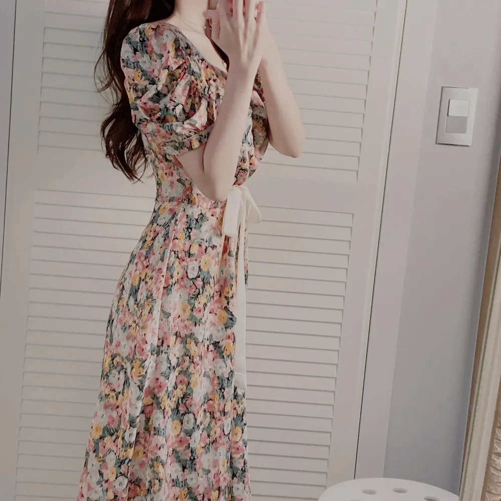 Women Bohemian Floral Printed Knee-length Dress I DOU Elegant Summer V Neck Short Sleeve Sundress Casual Holiday Chiffon Dress