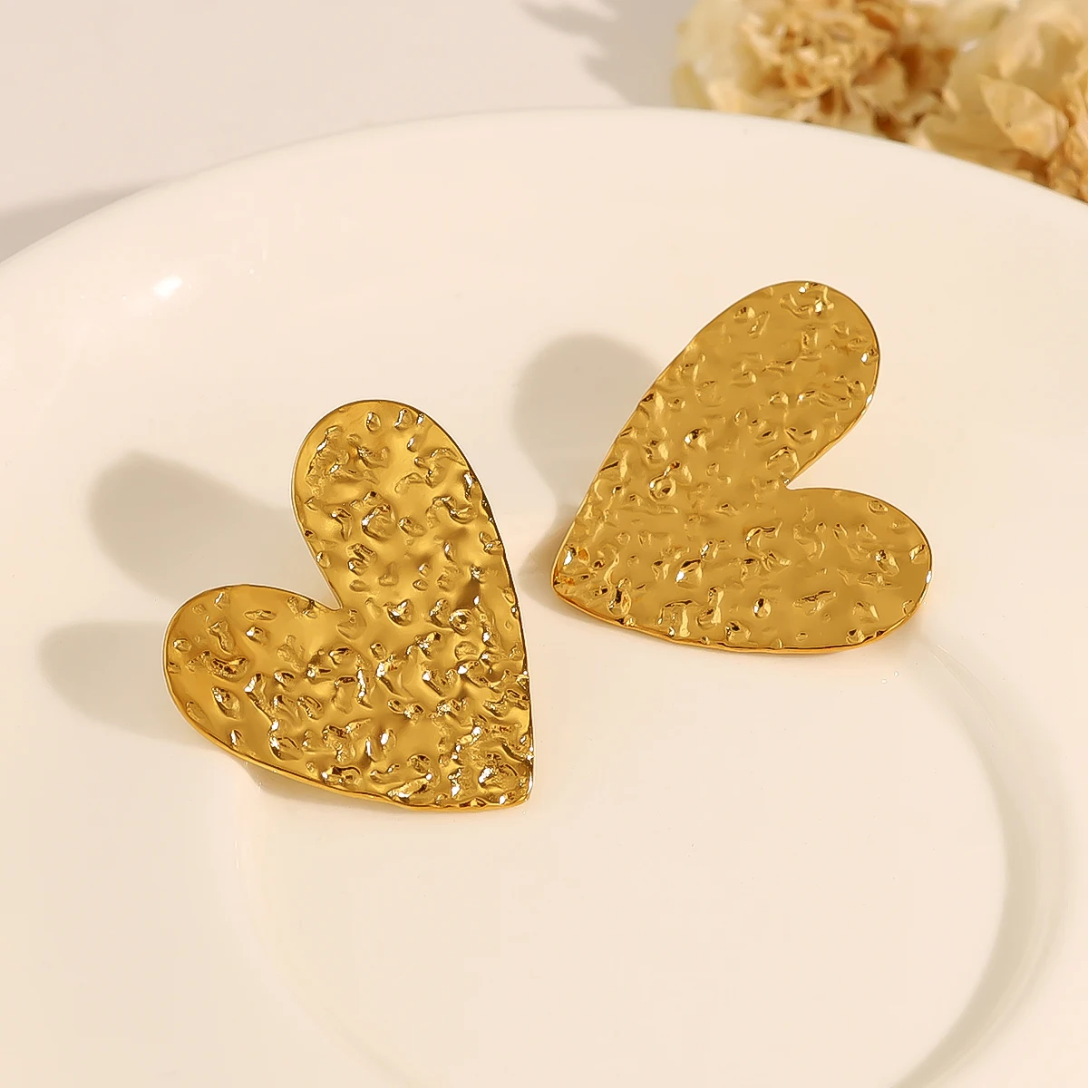 WILD & FREE 18K Gold Plated Stainless Steel Heart Stud Earrings for Women Irregular Hammered Texture Trendy Jewelry Waterproof