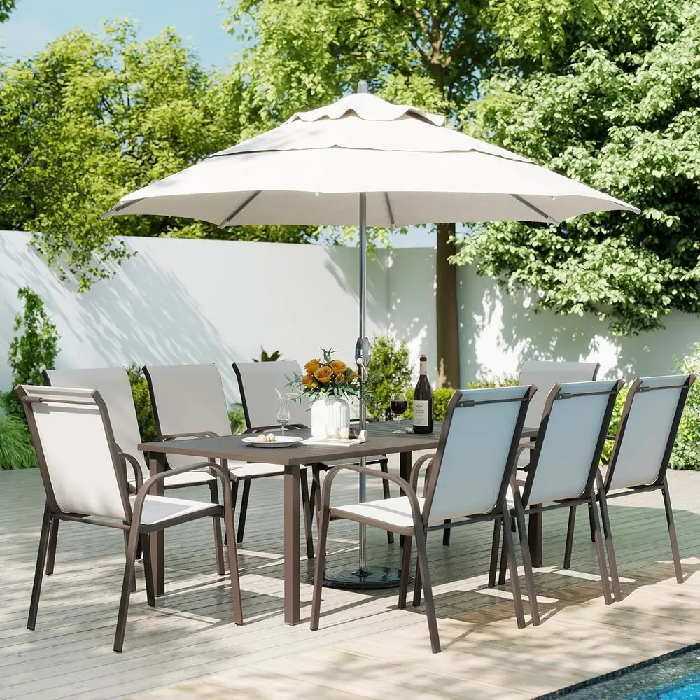 

8-Piece Patio Dining Set with Stackable Chairs, Light Grey, Umbrella Hole Table