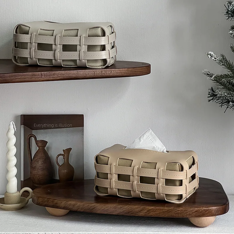 Nordic Light Luxury Pure Handmade Woven Leather Tissue Box Creative Home Napkin Box Living Room Decoration Christmas Gift