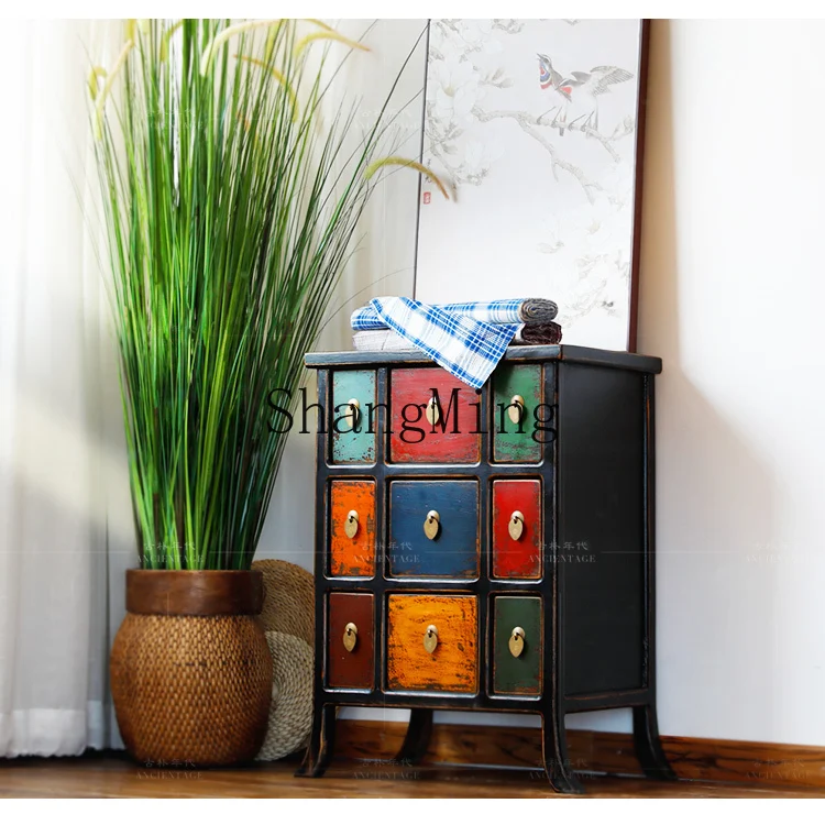 SM multifunctional entrance storage classification drawer locker retro retro solid wood nine cabinets