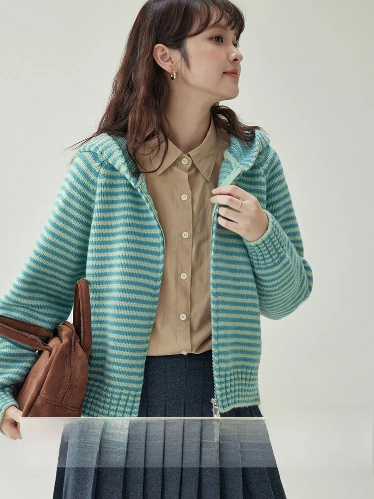 

Женское пальто-свитер AMUU с капюшоном и полосками, осенне-зимняя новинка, модный топ с двойной молнией и длинными рукавами для повседневной носки