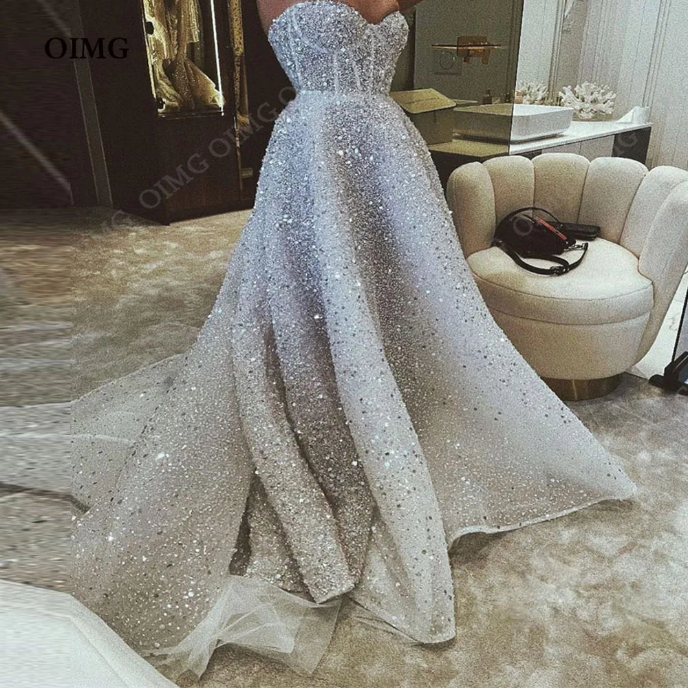 OIMG Elegant Sequins A Line Wedding Dresses Sleeveles Long Sweetheart Bride Bridal Gowns Sweep Train Beads Vestidos De Novia