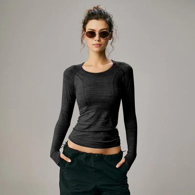 Nahtloses Yoga-T-Shirt für Damen, Sport-Top mit Rundhalsausschnitt, schmal geschnitten, langärmelig, für Laufen, Fitness, Workout, Gym – Detail 32