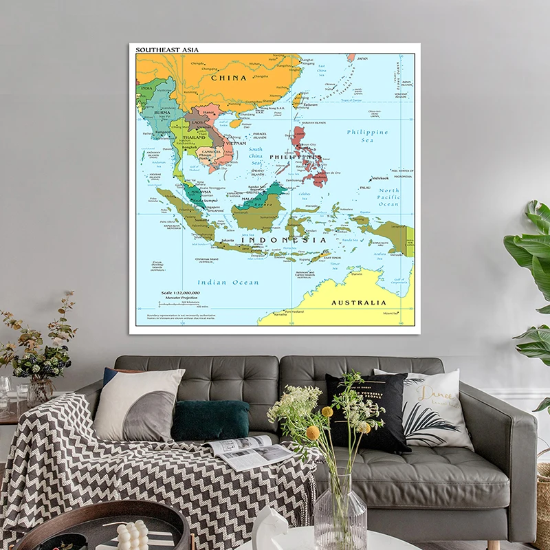 Mapa del sudeste asiático en inglés, mapa de distribución política, lienzo, pintura, arte de pared, póster e impresión, decoración del hogar, 150x150cm