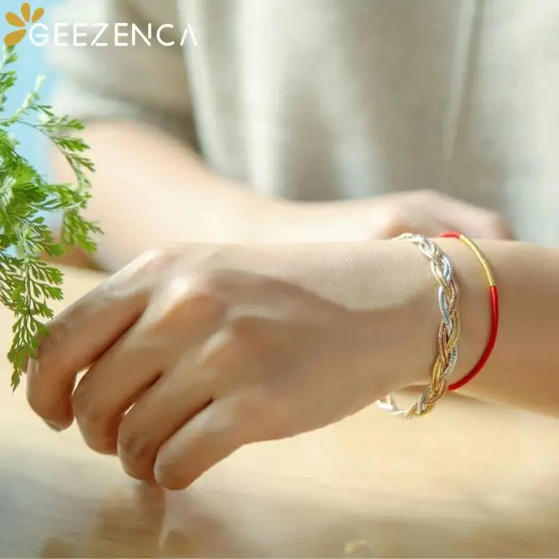 GEEZENCA Italian Chic 925 Silver Tricolor 6 Threads Braided Bracelet For Women 7.5mm Width Flat Shiny Luxury Bracelets 2024 Gift