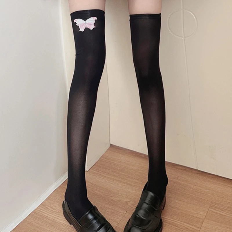 New Womens Thigh High Socks Butterfly Print Lace Boot Socks Knee High Socks Lolita Kawaii Cosplay Stockings Hot Sale