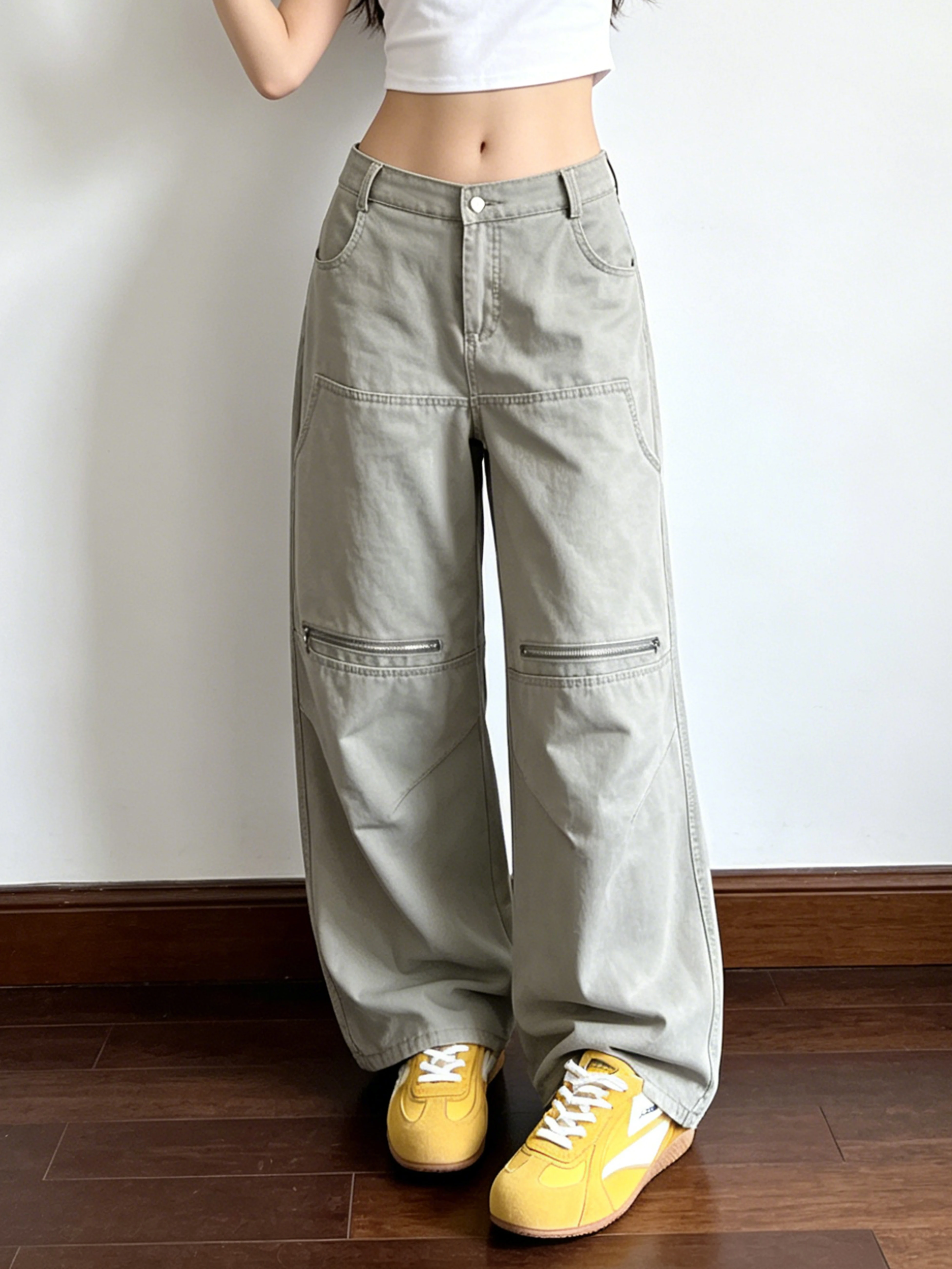 

American High Street Zip Work Pants Women Loose Wide Leg Retro Washed Neutral Casual Pants Cotton Natural Waist Button Pocket