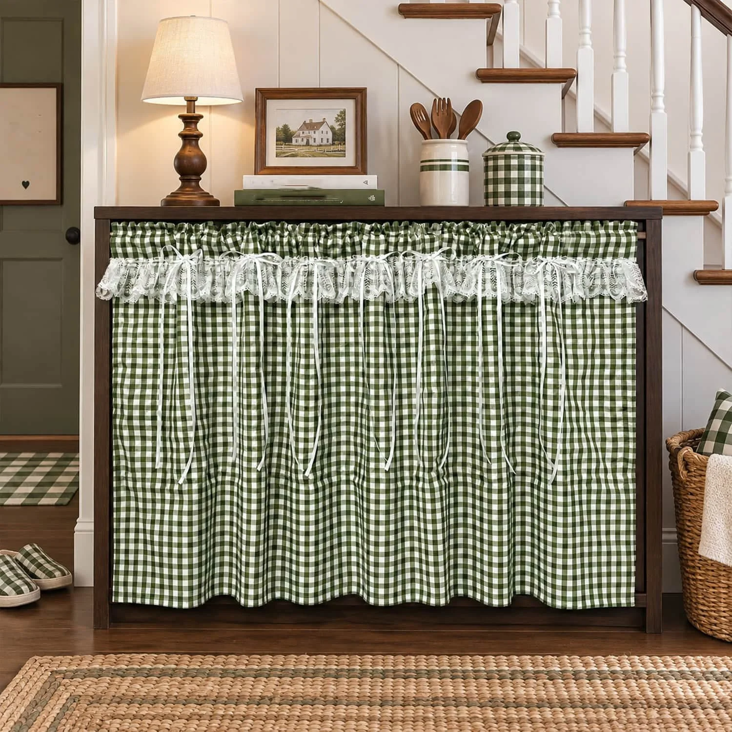 French Country Gingham Cafe Curtain with Ribbon Bows, Cottagecore Plaid Short Kitchen Curtians for Small Window, Sink, Cabinet