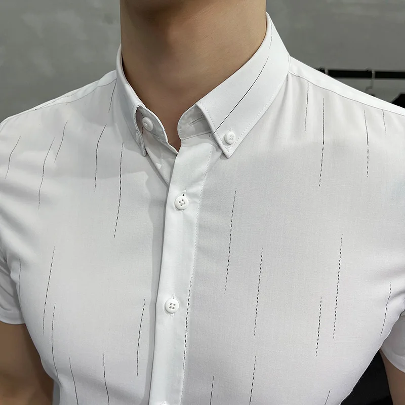 2023 Brand Clothing Men\'s Summer Leisure Stripe Short Sleeve Shirts/Male Slim Fit Business Lapel Shirts Black White S-5XL