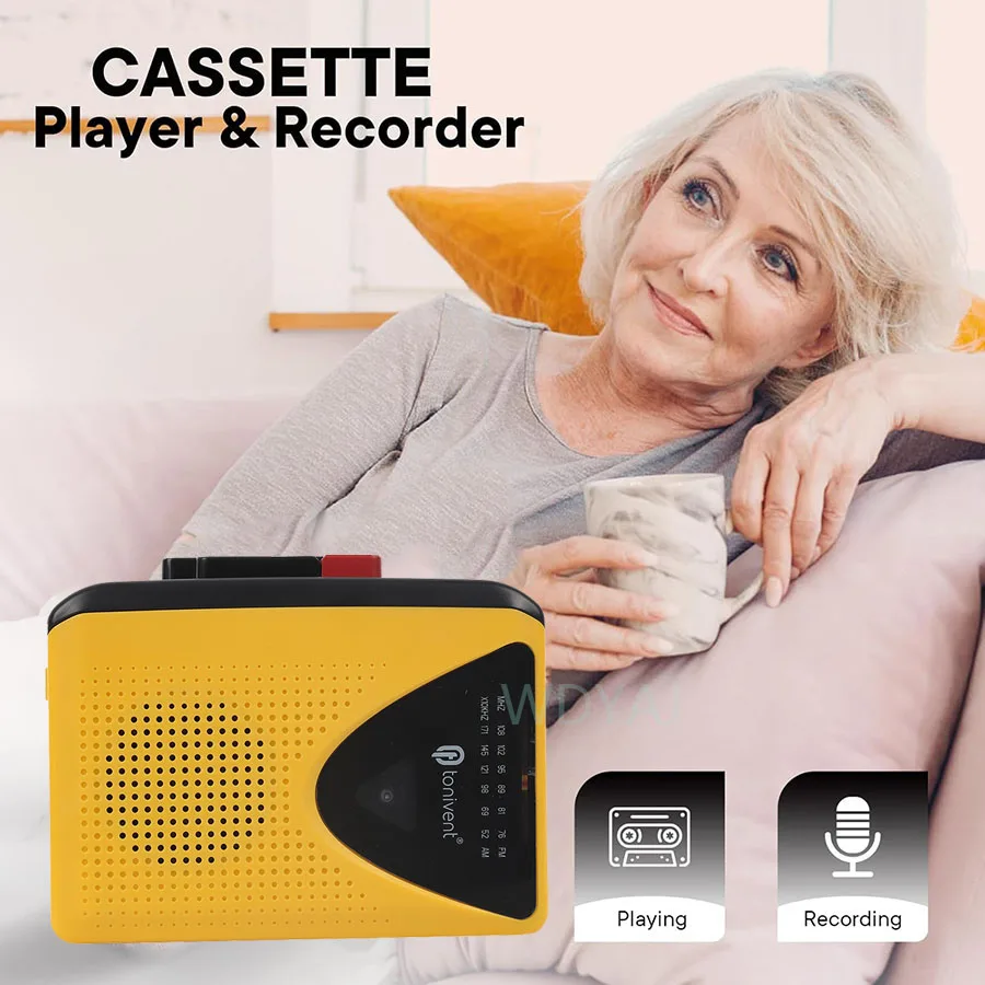 مسجل مشغل كاسيت محمول للتسجيل على الشريط AM ​ ​ مشغل موسيقى ستيريو راديو FM مع مكبر صوت ميكروفون ومقبس سماعة رأس 3.5 ملم