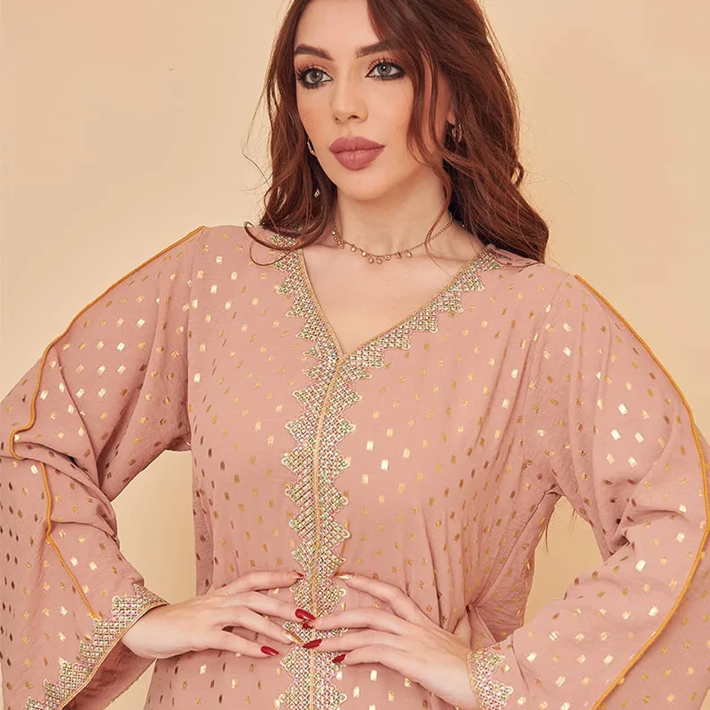 Jalabiya Kaftan Dress For Women Dubai Turkey Golden Ribbon Trim Loose Muslim Arabic Islamic Clothing Party Robe Moroccan Dress