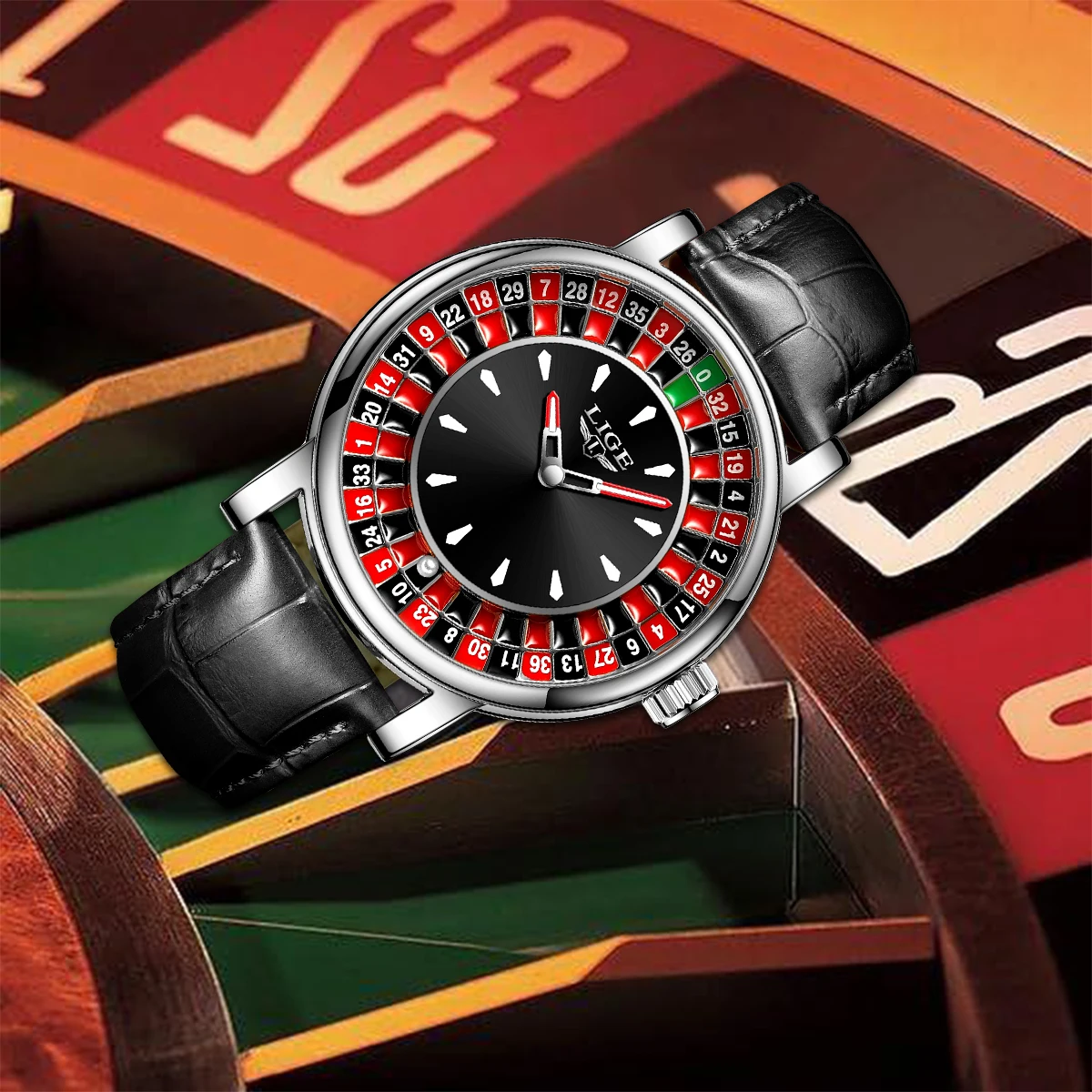 

LIGE Fashion Brown Leather Men Watch Rotating Dial Las Vegas Roulette Desktop Theme Watch Men Waterproof Luminous Clock Watches